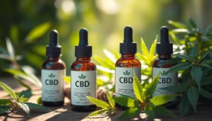CBD oil bottles placed among fresh green hemp leaves in natural sunlight for wellness branding