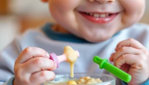 Healthy baby eating Italian alimentazione naturale per svezzamento bambini with colorful