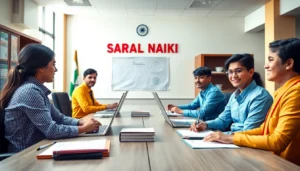 Sarkari Naukri recruitment notification with candidates studying government exam materials and