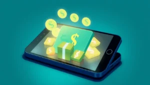 Solid illustration showing smartphone with currency symbols and gift cards, representing