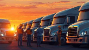 Truckers inspecting trucks inside a modern maintenance facility improving fleet safety and