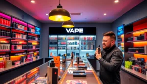 Vape device displayed prominently with colorful vapor clouds, highlighting modern vape design