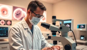 An expert analyzing fecondazione procedures in a modern fertility clinic environment to assist