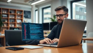 Python freelance developer coding remotely on a laptop for freelance projects