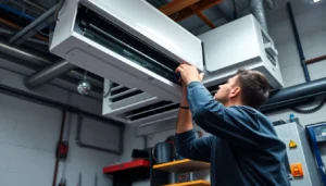 Skilled technician fixing an air conditioning system with professional tools in a well-equipped