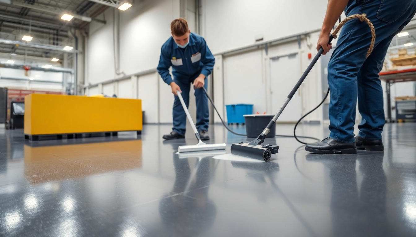 Professional epoxy resin flooring contractors Birmingham applying durable epoxy coating on a