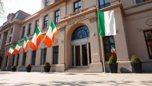 The Embassy Of Ireland building with Irish flags and welcoming entrance in a professional setting