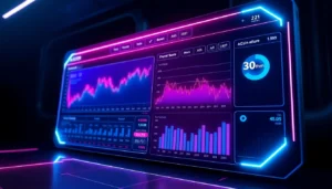 Visual representation of aicoin market analysis on a digital dashboard with neon highlights,