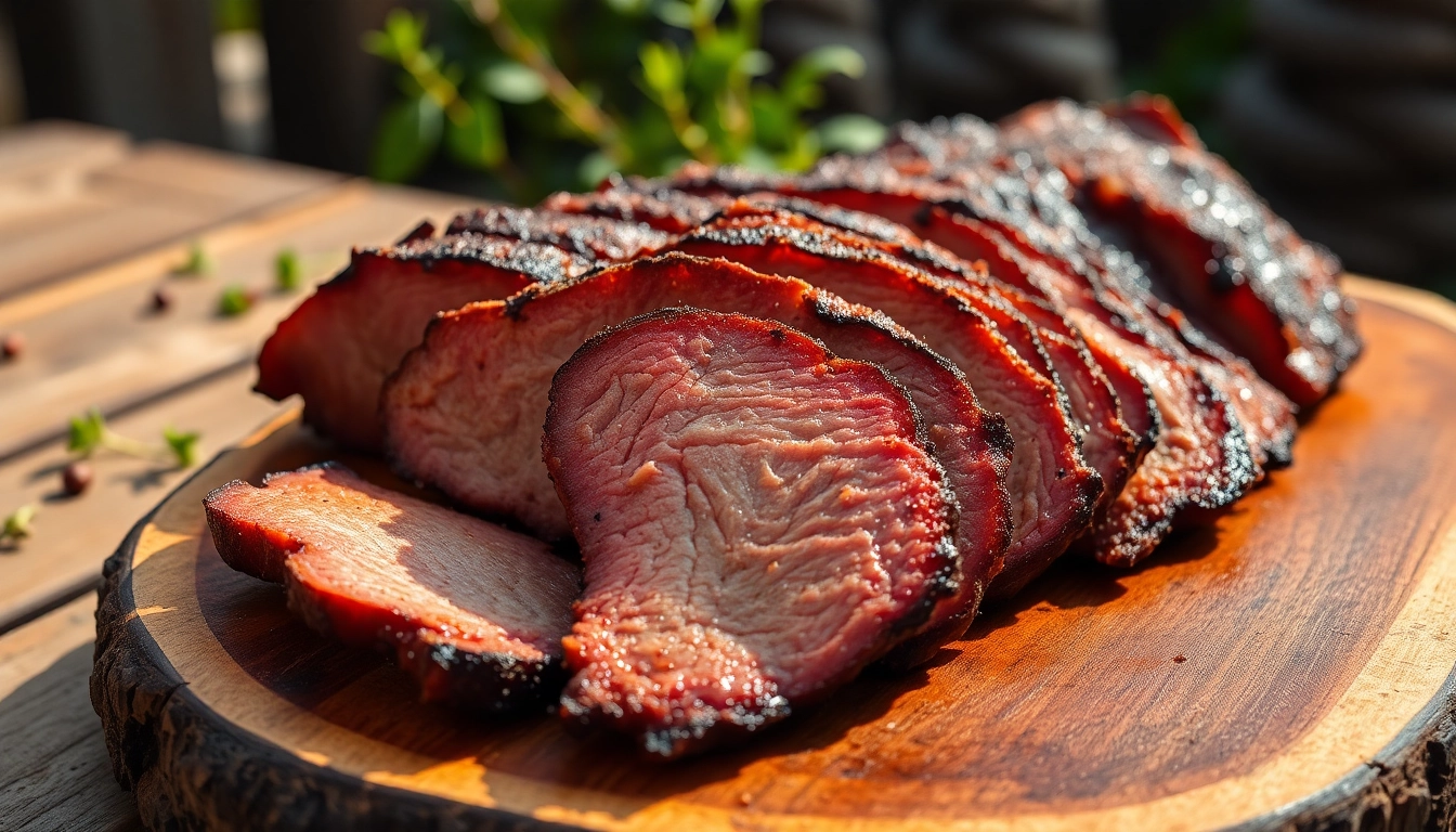 Authentic smoked meat being sliced on a rustic board, emphasizing freshness and rich flavor
