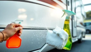 Effective Wohnmobilreiniger used on a shining motorhome exterior with foam cleaner and cleaning