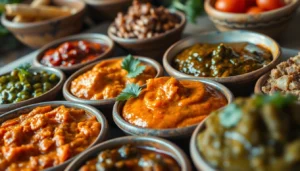 Assorted cooking pastes and chutneys including garlic paste, ginger paste, green chilly, and