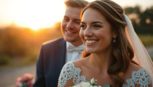 Professional photography capturing a romantic eskuvoi fotozas moment of a happy couple during