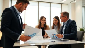 Business professionals discussing innovative employee benefits plans in a modern office